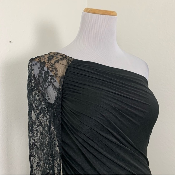 NWT Vintage Aidan Mattox Y2K One Shoulder Lace Sequin Ruched Black Mini Dress - Picture 6 of 17